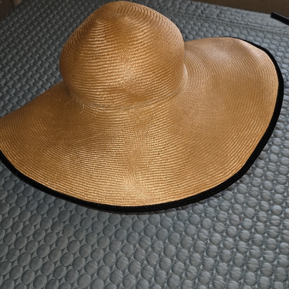 Elegant Tan Wide-Brim Hat with Black Trim